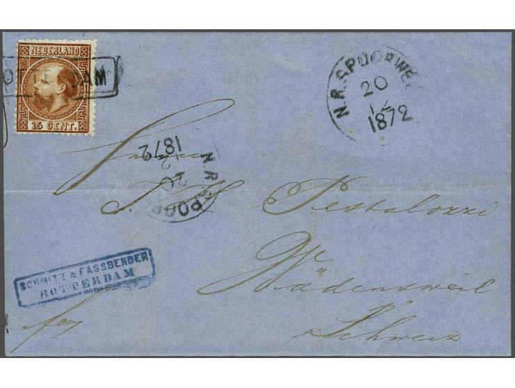15 cent oranjebruin type II tanding 14 kleine gaten met haltestempel Rotterdam op vouwbrief 20-12-1872 per N.R. Spoorweg naar