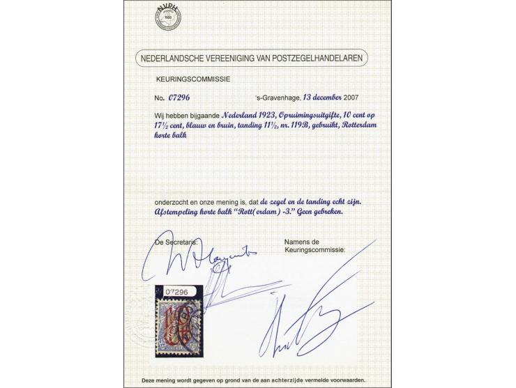 Opruimingsuitgifte 10 op 17½ cent ultramarijn en bruin tanding 11½, pracht ex. met certificaat NVPH 2007, cat.w. 1000