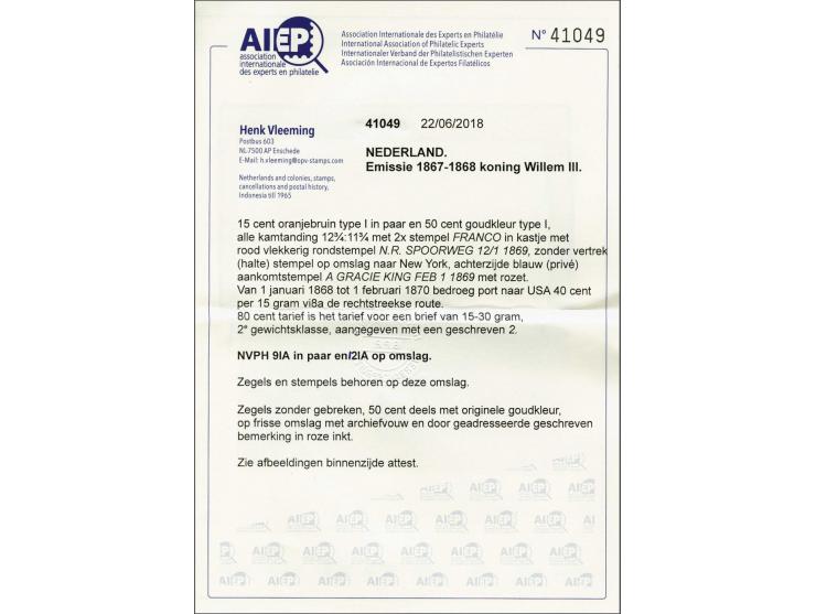 15 cent oranjebruin type I tanding 12¾ x 11¾ in paar en 50 cent goudkleur type I tanding 12¾ x 11¾ op omslag per N.R. Spoorwe