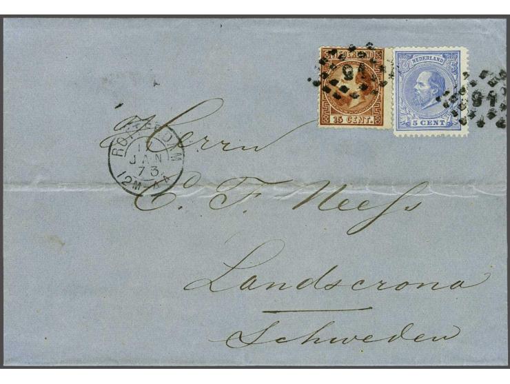 15 cent oranjebruin type II tanding 13½ kleine gaten en emissie 1872 5 cent blauw tanding 13¼ x 14 kleine gaten van Rotterdam