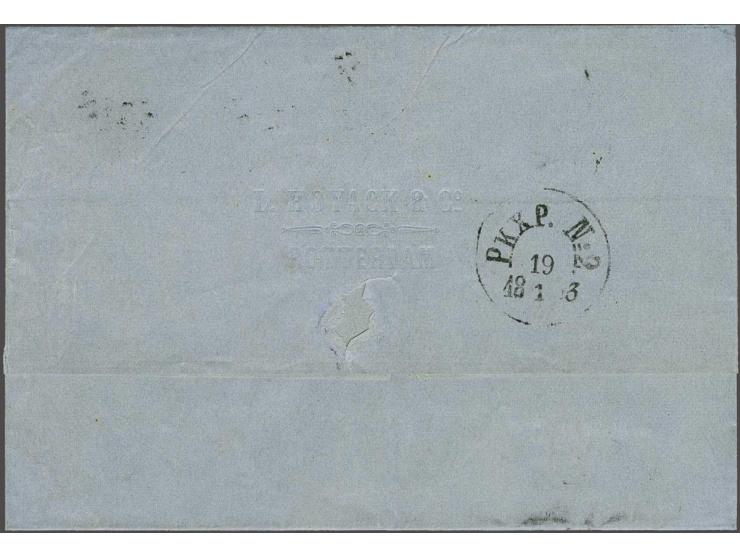 15 cent oranjebruin type II tanding 13½ kleine gaten en emissie 1872 5 cent blauw tanding 13¼ x 14 kleine gaten van Rotterdam