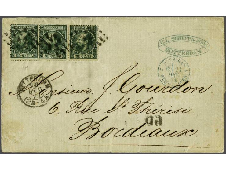 20 cent donkergroen type II tanding 13¼ kleine gaten in strip van 3 op vouwbrief van Rotterdam 20-12-1871 over Erquelines naa