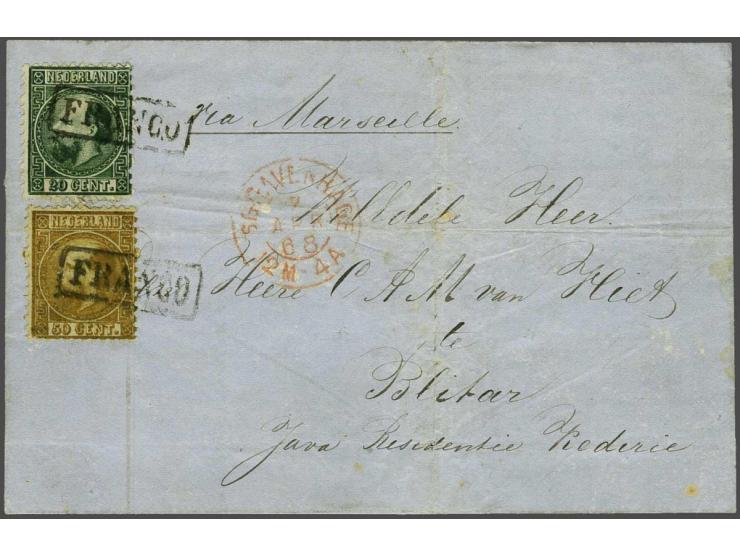 20 cent donkergroen type I tanding 12¾ x 11¾ en 50 cent goudkleur type I tanding 12¾ x 11¾ op vouwbrief van Den Haag 7-4-1868