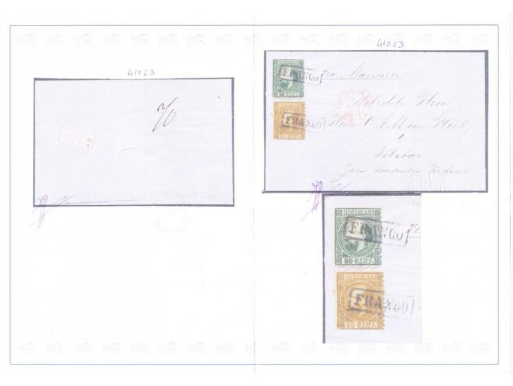 20 cent donkergroen type I tanding 12¾ x 11¾ en 50 cent goudkleur type I tanding 12¾ x 11¾ op vouwbrief van Den Haag 7-4-1868