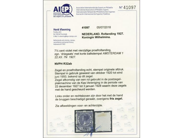 Driegaats 7½ cent violet, fraai ex. (bruggen linksonder en rechtsboven beschadigd) met certificaat Vleeming 2018, cat.w. 5500