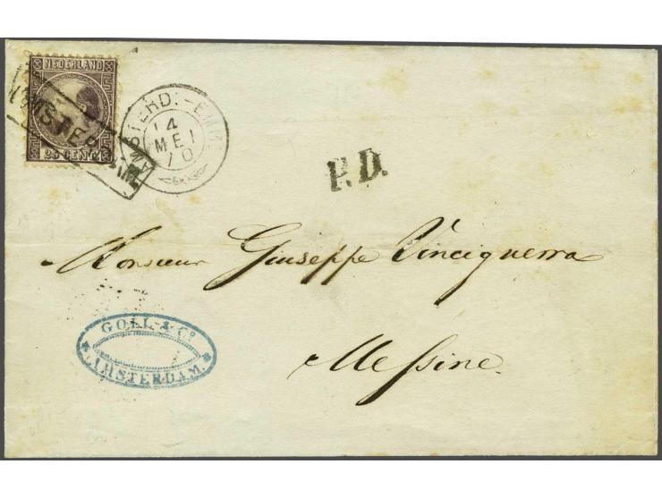 25 cent donkerviolet type I tanding 12¾ x 11¾ grote gaten met haltestempel Amsterdam op briefomslag 4-5-1870 naar Messina (I)
