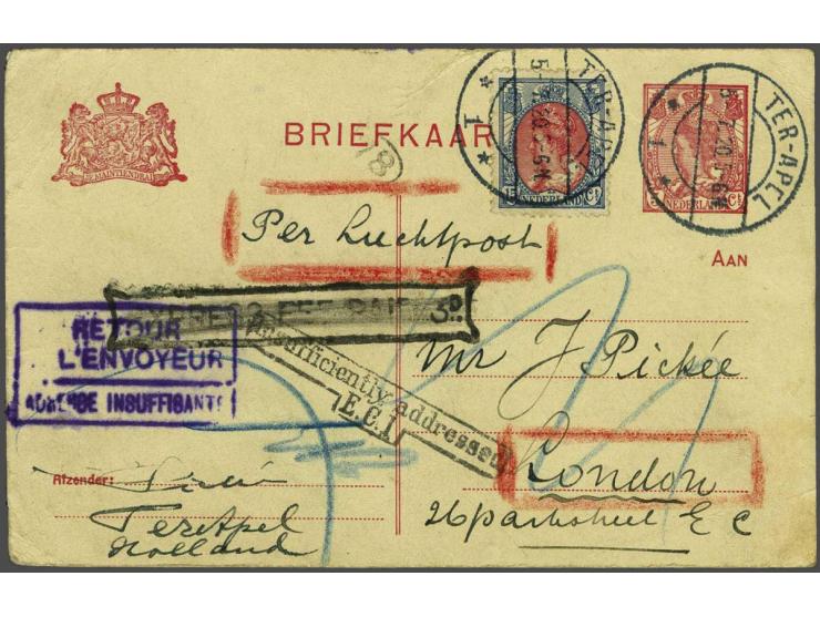 Briefkaart 5 cent met 15 cent luchtrecht Ter-Apel 5.7.20 bestemd voor 1e proefpostvlucht Amsterdam-London 5 juli 1920, te laa