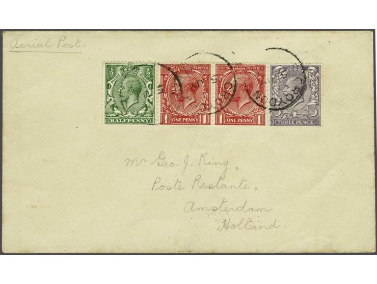 Brief eerste terugvlucht Croyden(London)-Amsterdam 5 jy 1920 met aankomststempel 6.VII 1920 met 2½d port en 3d luchtrecht. VH