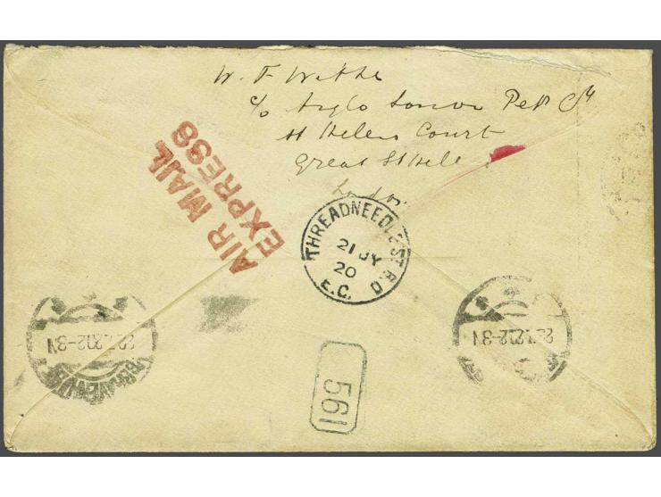 Envelop 2e gewichtsklasse (1-2 ounces) 5¾d port en 6d luchtrecht Threrdneedles-Den Haag 21 jy 20 (aankomststempel 22.7.20) en