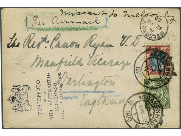 Envelop met 27½ cent frankering (12½ cent port en 15 cent luchtrecht) 's Gravenhage-Darlington 9.VIII.1920 met traject Rotter