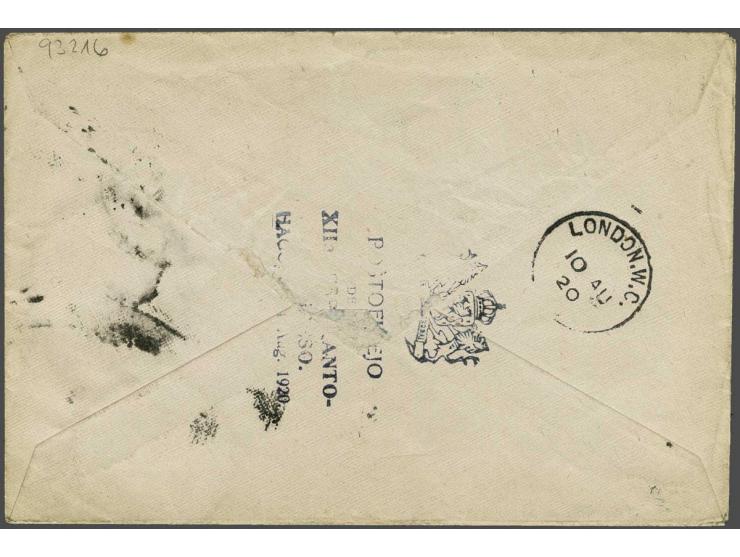 Envelop met 27½ cent frankering (12½ cent port en 15 cent luchtrecht) 's Gravenhage-Darlington 9.VIII.1920 met traject Rotter