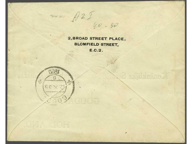 Envelop met 5½d frankering (2½ d port en 3d luchtrecht) London-Gouda 11 oct 1920 (aankomststempel Gouda 12.X.1920) per trajec