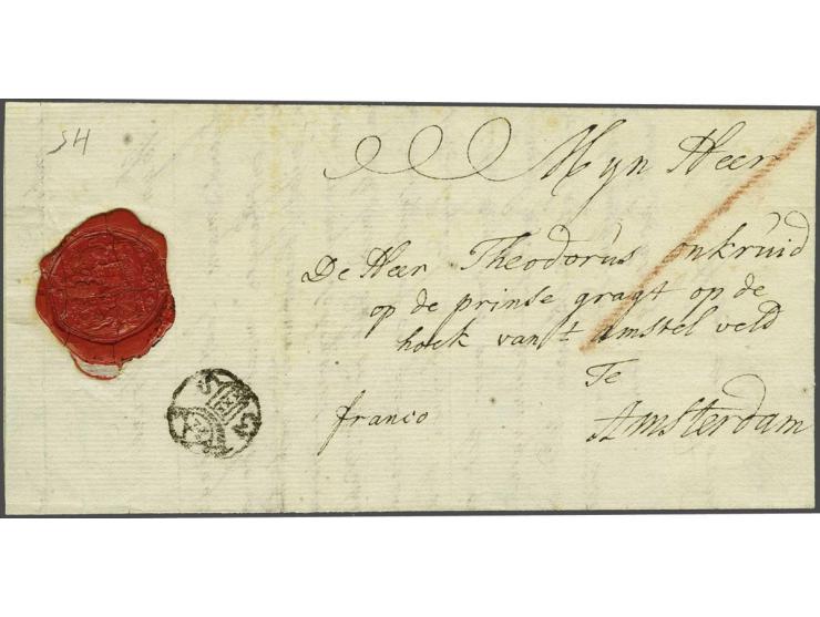 3-stuiver H (Adema H5) pracht afdruk op achterzijde frisse brief 's Haage-Amsterdam 18 nov.1764, vooruitbetaald port, voorzij