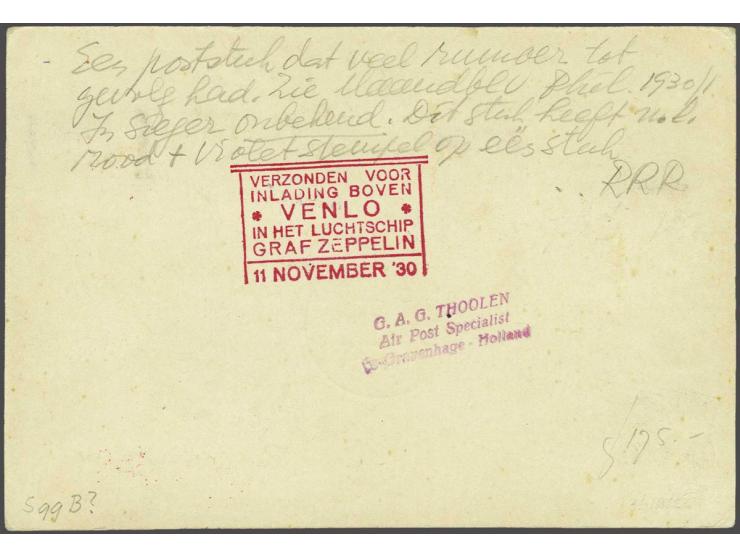 Terugvaart van de Graf Zeppelin 11-11-1930. Kaart Venlo-Friedrichshafen met het bijzonder stempel in zowel violet als rood, p