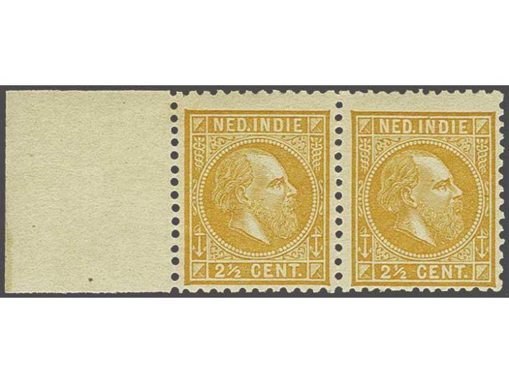 2½ cent geel in gecombineerd tandingpaar 11½ x 12 grote gaten en 12½ x 12 grote gaten met velrand met certificaat Vleeming 20