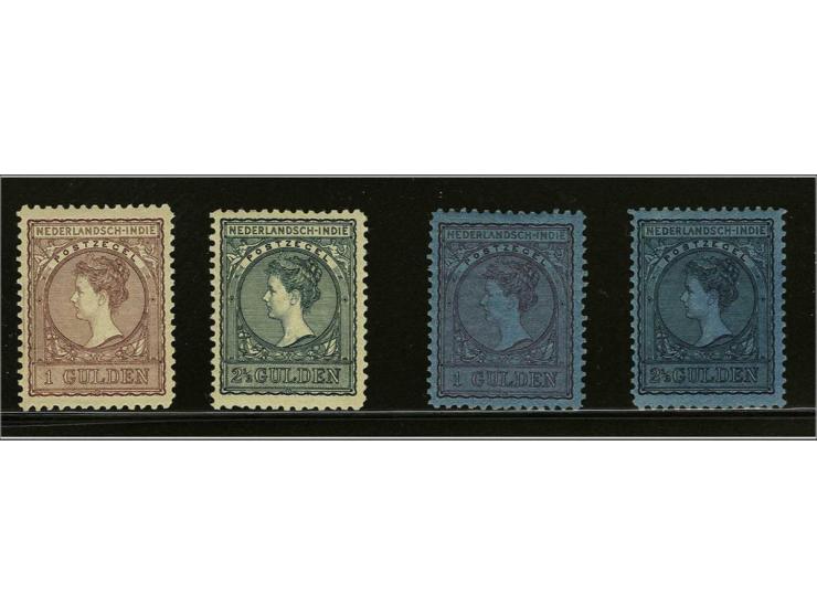 1 gulden doflila en 2½ gulden zwartblauw op wit en op blauw papier, nr. 59 miniem korter tandje onder, cat.w. 1300