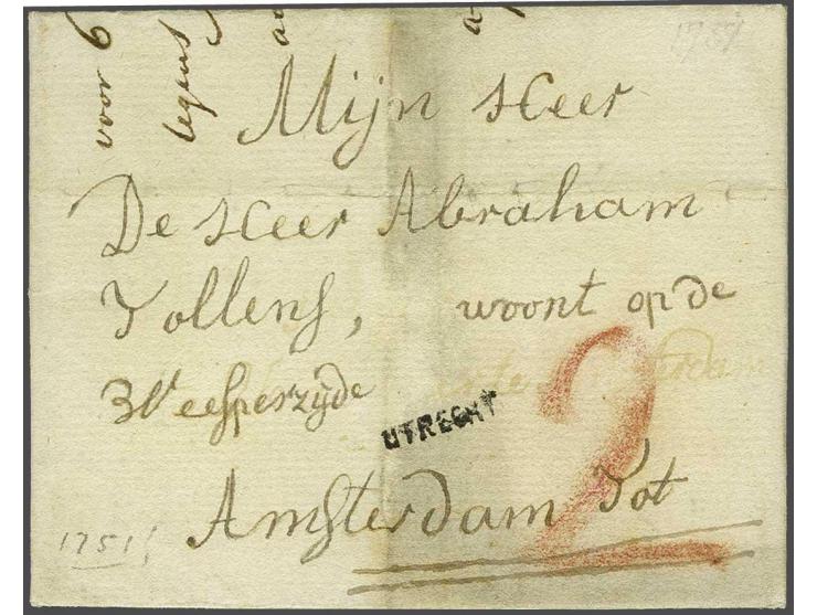 Naamstempel UTRECHT (kleinformaat, 15x2 mm) op brief 22 october 1751 naar Amsterdam, port 2 St. (rood krijt), licht verkleurd