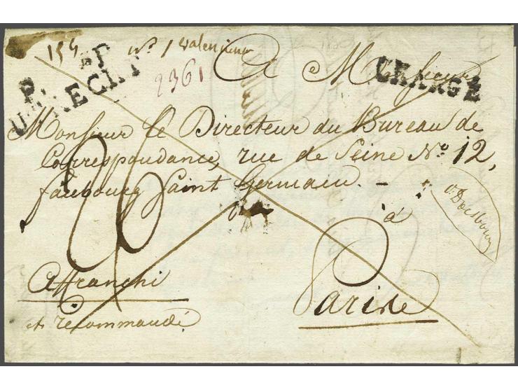 P.---.P. UTRECHT en CHARGÉ, beide in zwart op omslag (klein deel geschreven tekst uit Terborg 23 juillet 1814) naar Paris, aa