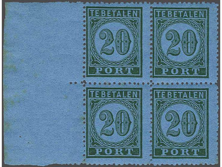 20 cent groen op blauw tanding 13¼ x 14 kleine gaten in blok van 4 met velrand met certificaat Vleeming 2014, zegel rechtsond