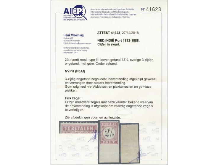 2½ cent rood en zwart met variëteit boven getand 13½, overige 3 zijden ongetand, fraai ex. met certificaat Vleeming 2018: 3-z