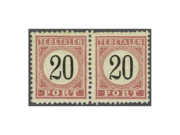 20 cent rood en zwart type II in gecombineerd tandingpaar 11½ x 12 en 12½ x 12, vrijwel pracht ex. (boventanding en achterzij