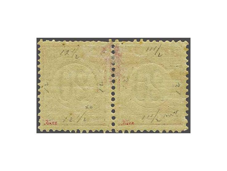 20 cent rood en zwart type II in gecombineerd tandingpaar 11½ x 12 en 12½ x 12, vrijwel pracht ex. (boventanding en achterzij