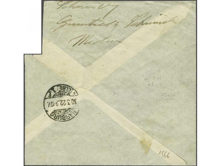 15 cent blauwgroen in verticaal paar, 60 cent karmijnroze in strip van 3 en 1½ gulden donkerblauw op groot briefdeel van Meda