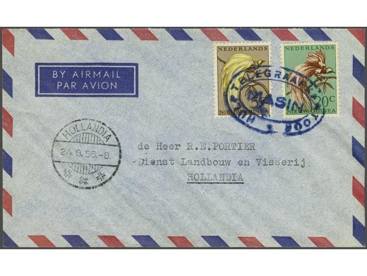 Paradijsvogel 5 cent bruin en geel en 20 cent groen en sepia met stempel Masin Hulptelegraafkantoor in blauw in ovaal op enve