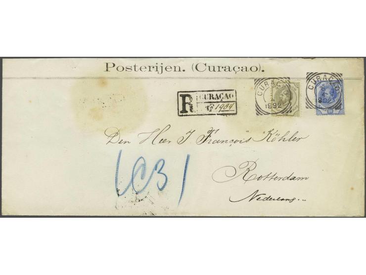 Willem III 10 en 30 cent met vierkant CURAÇAO 8/4 1892 op aangetekende (stempel) envelop Posterijen. (Curaçao) naar Rotterdam