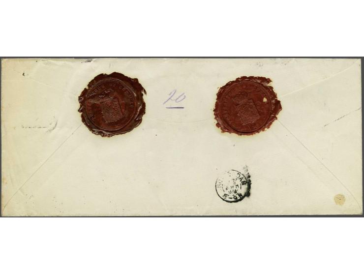 Willem III 10 en 30 cent met vierkant CURAÇAO 8/4 1892 op aangetekende (stempel) envelop Posterijen. (Curaçao) naar Rotterdam