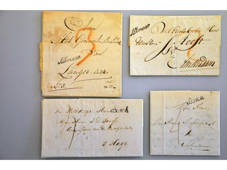 9 poststukken 1772-1814 met cursieve vertrekstempels w.b. Alkmaar, sBosch, Hoorn, 'sHaage, Leijden en Midd