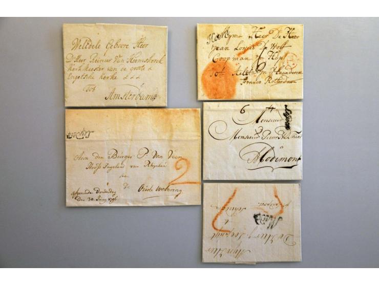 9 poststukken 1772-1814 met cursieve vertrekstempels w.b. Alkmaar, sBosch, Hoorn, 'sHaage, Leijden en Midd