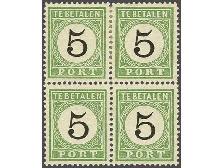 5 cent groen en zwart type I (2x), type II en type III in blok van 4, pracht ex. (horizontaal licht op tanding gevouwen), cat
