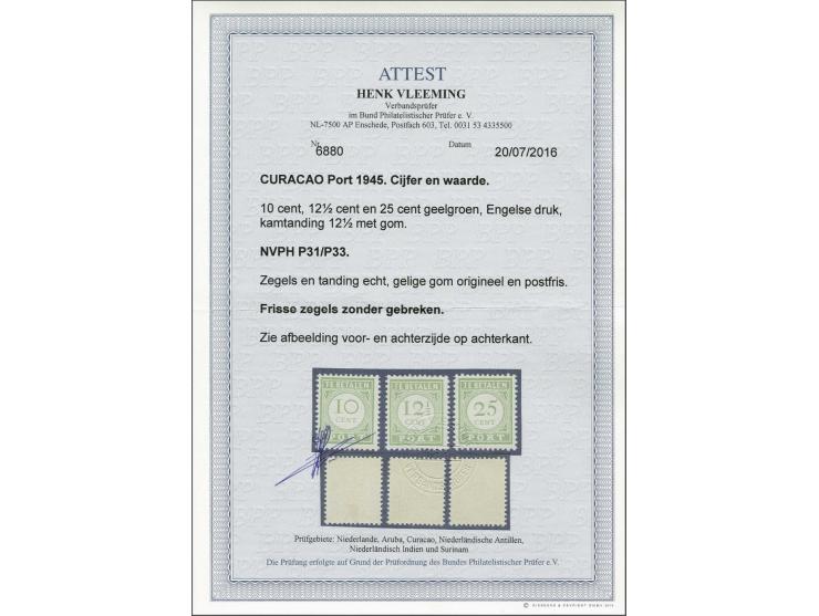 Engelse druk 10 t/m 25 cent geelgroen met certificaat Vleeming 2016, cat.w. 625