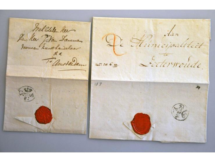 32 poststukken met vertrekstempels w.b. AMSTERDAM met posthoorn (2x), zwak B; OP ZOOM met veren, DELFT met veren (3x), GOUDA 