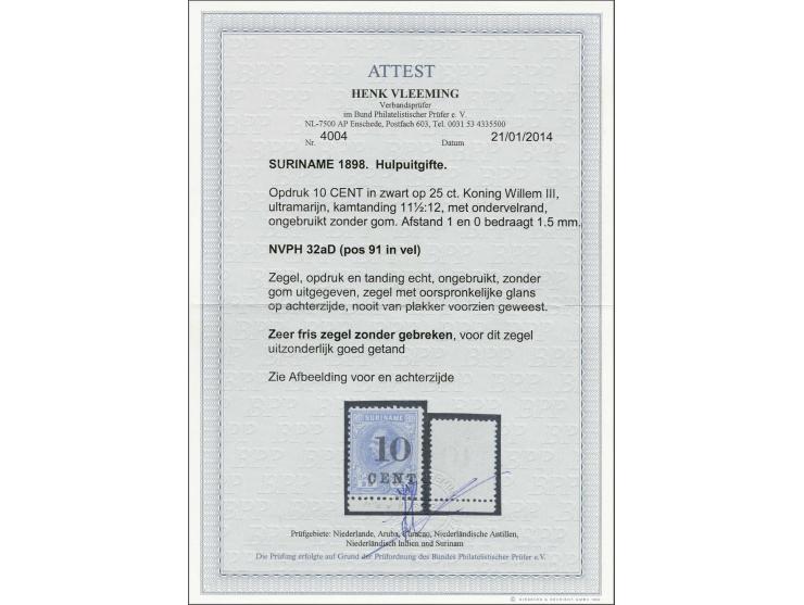 Hulpuitgifte 10 op 25 cent ultramarijn tanding 11½ x 12 met velrand, pracht ex. met certificaat Vleeming 2014: Zeer fris zege