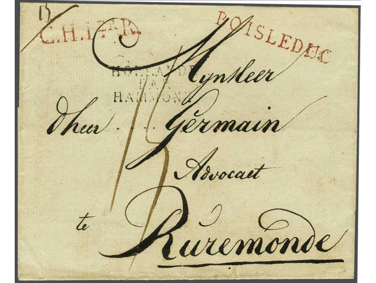  HOLLANDE PAR HAMMONT, vrijwel pracht afdruk 3-regelig grensstempel in zwart (van der Linden 1745, bekend uit 1810) op omslag