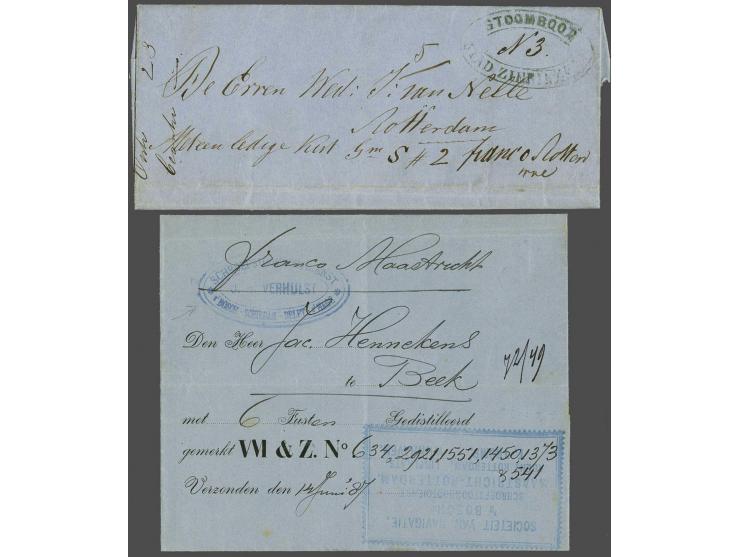Groen ovaal STOOMBOOT STAD ZIERIKZEE op begeleidbrief Zierikzee-Rotterdam 1865 en blauw ovaal SCHROEFSTOOMBOOTDIENST J.H. VER