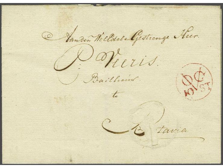  VOC 10 ST in rood, Wolff de Beer 6b, pracht afdruk in rood op frisse gedateerde omslag 28 july 1810 naar Batavia, omslag bes
