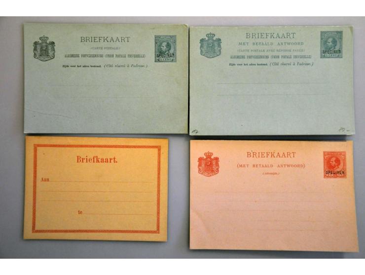 en Suriname, 5 briefkaarten en 1 zegel koning Willem III met SPECIMEN opdruk, 3 briefkaartformulieren NOR en 5 enveloppen Moq