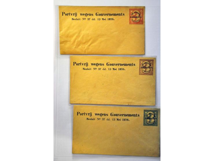 en Suriname, 5 briefkaarten en 1 zegel koning Willem III met SPECIMEN opdruk, 3 briefkaartformulieren NOR en 5 enveloppen Moq