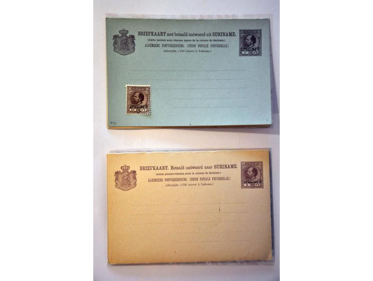 en Suriname, 5 briefkaarten en 1 zegel koning Willem III met SPECIMEN opdruk, 3 briefkaartformulieren NOR en 5 enveloppen Moq