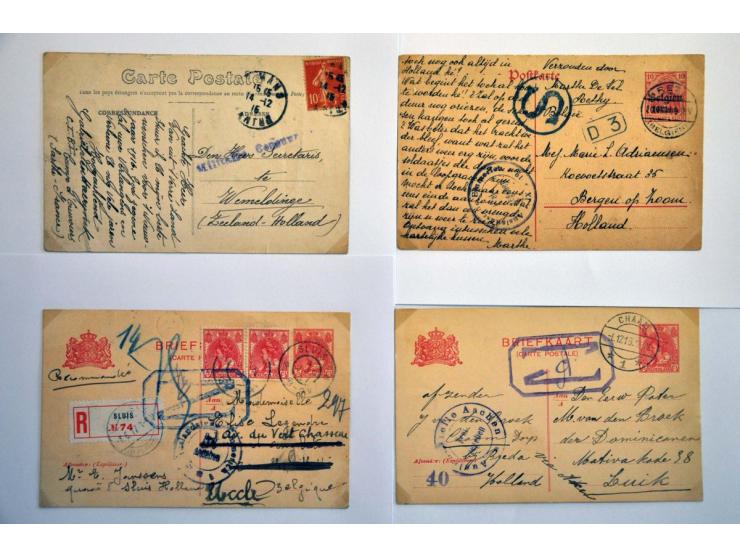 19 poststukken 1916-1918 van/naar buitenland met censuur w.b. aangetekende briefkaart Sluis-België met grootformaat Z