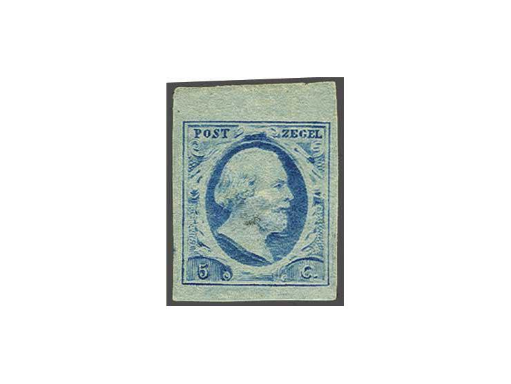 5 cent blauw plaat VI pos. 54 op dun papier met velrand, vrijwel pracht ex. (miniem dun plekje in watermerk), cat.w. 600