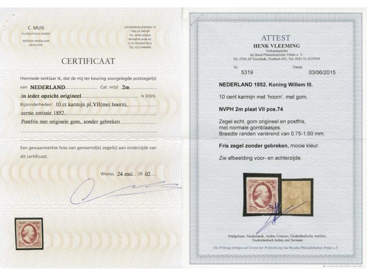 10 cent karmijnroze plaat VII pos. 74, postfris met volle originele gom en certificaten Muis 2002 en Vleeming 2015, cat.w. 22