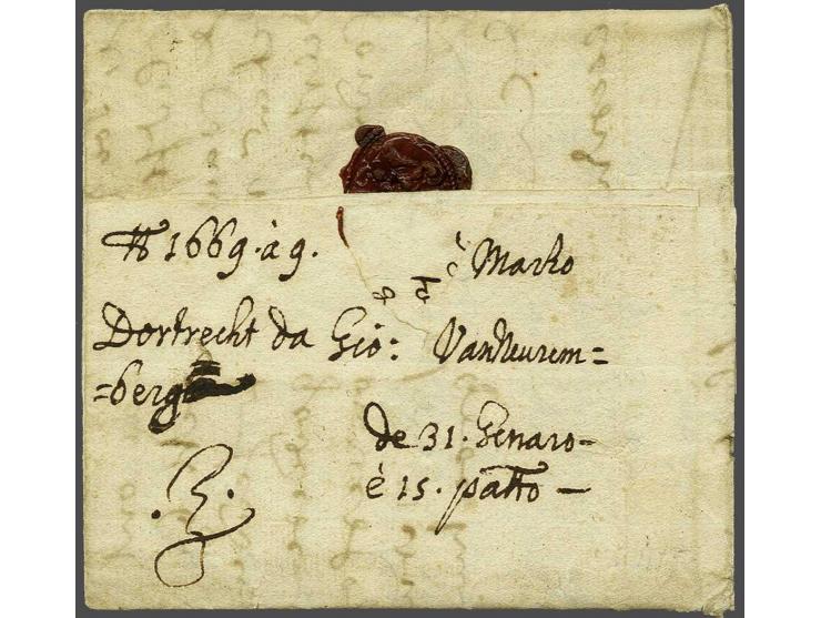 Complete brief van Dordrecht 31 januari 1669 naar Genua, vervoerd per Thurn & Taxis met geschreven V (Venetië transit), aandu