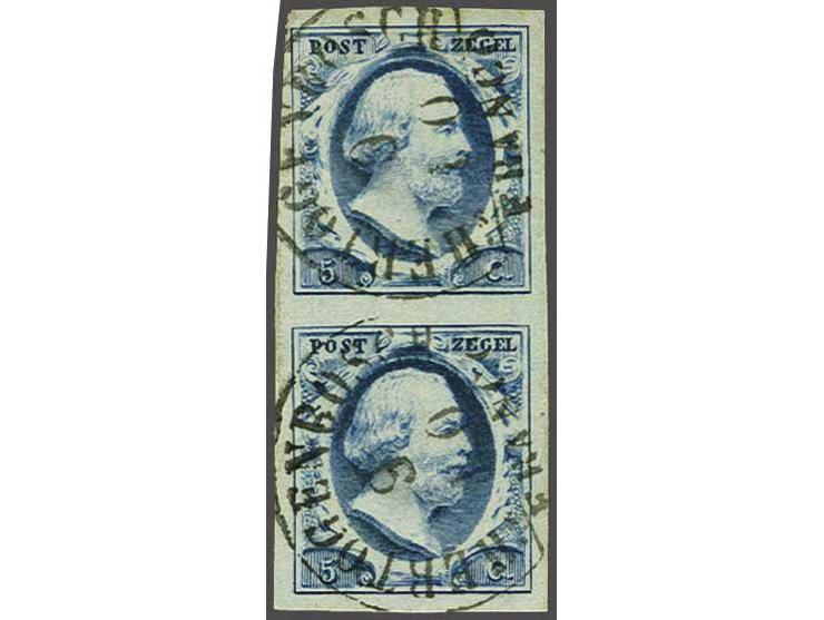 5 cent blauw plaat I pos. 5/10 in verticaal paar met 2x 's Hertogenbosch A (Ey 100), pracht ex.