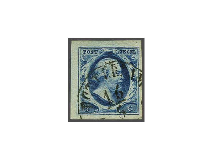 5 cent diepdonkerblauw plaat I pos. 76 met hoekvelrand, pracht ex. gesigneerd Dr. Louis