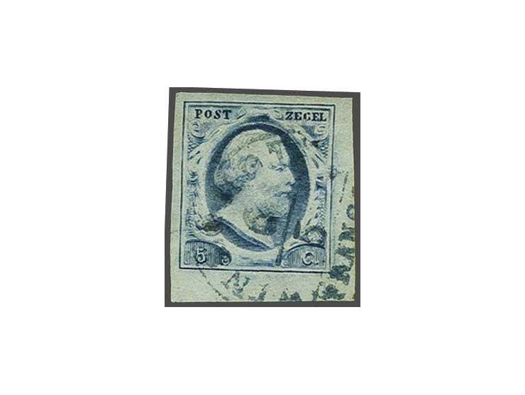 5 cent grijsblauw plaat II pos. 25 met hoekvelrand met Winschoten A in blauw (Ey 175), pracht ex.