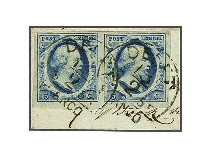 5 cent blauw plaat II pos. 54-55 in paar met Delft C groot (Ey 50) op fragment, pracht ex.